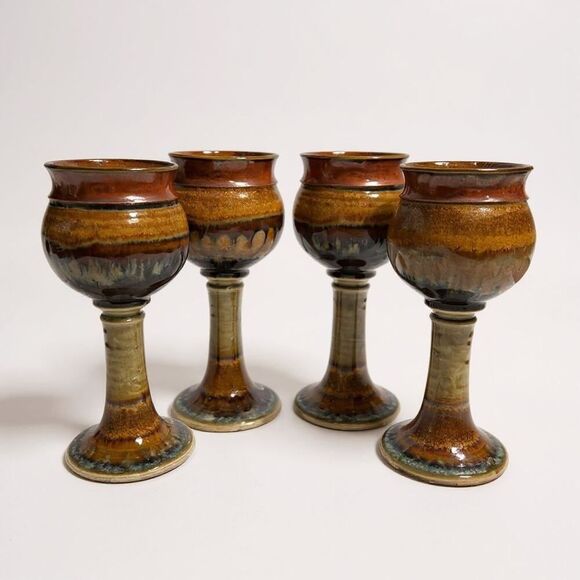 Studio Pottery Wine Goblets/Chalices (4) Hand Crafted Artist JT Brown Cream 7" - Picture 2 of 16